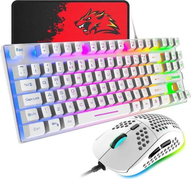 Main image of Gaming Keyboard and Mouse Combo,88 Keys Compact Rainbow Backlit Mechanical Feel Keyboard, RGB Backlit 6400 DPI Lightweight Gaming Mouse with Honeycomb Shell for Windows PC Gamers (White)