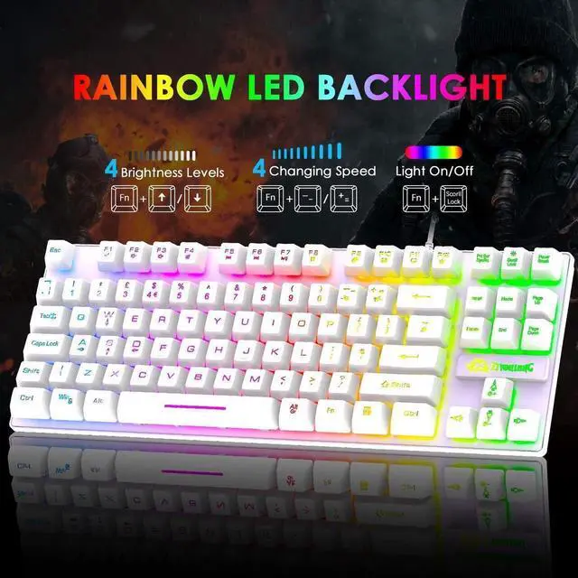 Alt view image 2 of 7 - Gaming Keyboard and Mouse Combo,88 Keys Compact Rainbow Backlit Mechanical Feel Keyboard, RGB Backlit 6400 DPI Lightweight Gaming Mouse with Honeycomb Shell for Windows PC Gamers (White)