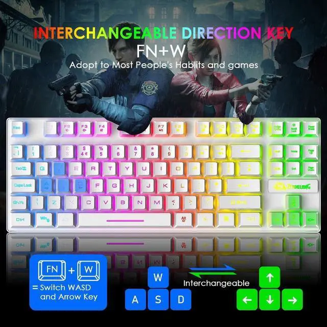 Alt view image 4 of 7 - Gaming Keyboard and Mouse Combo,88 Keys Compact Rainbow Backlit Mechanical Feel Keyboard, RGB Backlit 6400 DPI Lightweight Gaming Mouse with Honeycomb Shell for Windows PC Gamers (White)