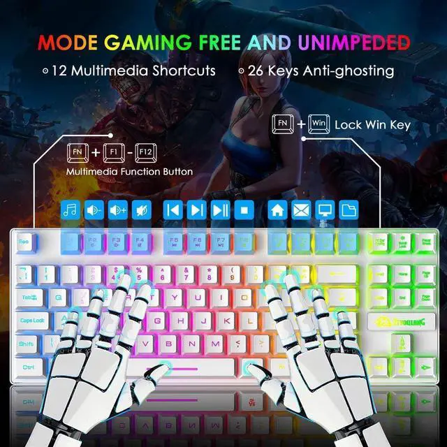 Alt view image 3 of 7 - Gaming Keyboard and Mouse Combo,88 Keys Compact Rainbow Backlit Mechanical Feel Keyboard, RGB Backlit 6400 DPI Lightweight Gaming Mouse with Honeycomb Shell for Windows PC Gamers (White)