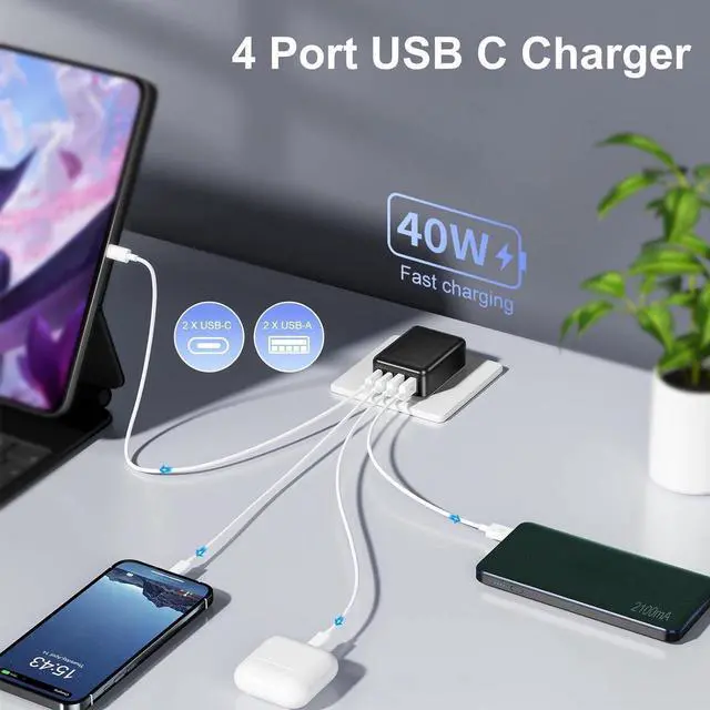 Alt view image 2 of 7 - [2 Pack] Flat USB C Wall Charger, 40W Foldable & Slim Fast Charging Block, 4 Ports [2 USA & 2 USB C] Charger Block Cube Box Compatible with Smartphones, Tablets, Multiport Power Adapter USB Plug Brick