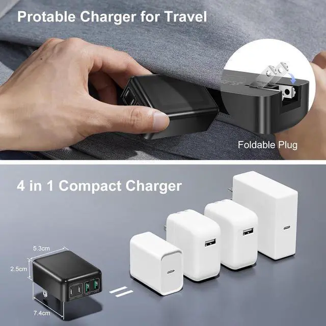 Alt view image 5 of 7 - [2 Pack] Flat USB C Wall Charger, 40W Foldable & Slim Fast Charging Block, 4 Ports [2 USA & 2 USB C] Charger Block Cube Box Compatible with Smartphones, Tablets, Multiport Power Adapter USB Plug Brick