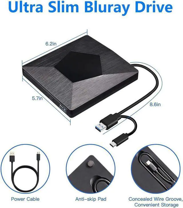 Alt view image 2 of 7 - [Upgraded] External Bluray Drive, 3D Blu Ray CD/DVD Burner Reader USB 3.0 and Type-C Blu-Ray Burner Writer Slim BD CD DVD Optical Bluray for Windows XP/7/8/10, MacOS for MacBook, Laptop, Desktop