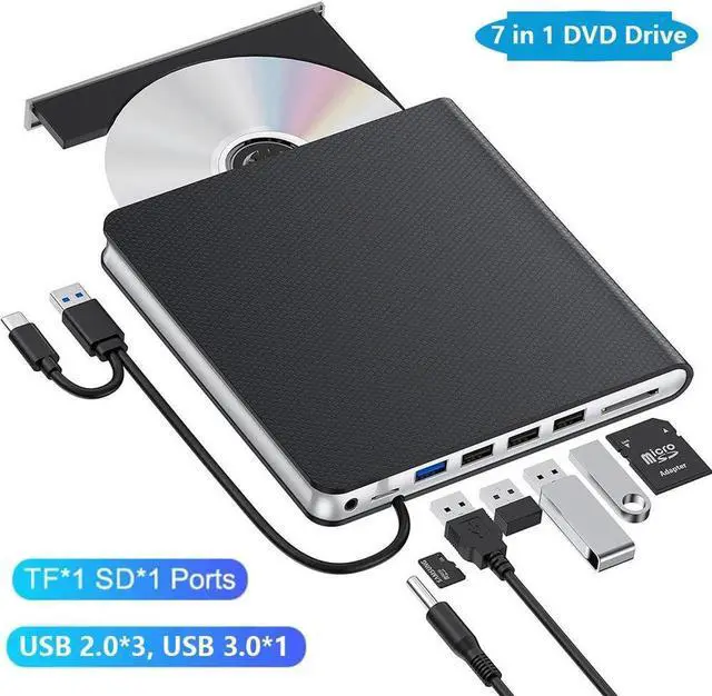 Main image of External CD DVD Drive [7-in-1], USB 3.0 & Type-C DVD/CD +/-RW ROM Drive Reader, CD DVD Burner Rewriter with SD/TF & 4 USB Ports, Slim Optical Disc Drive DVD Player for Laptop PC/Winodws/Linux/MacOS
