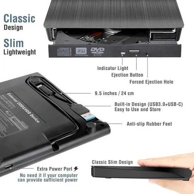 Alt view image 6 of 7 - External CD DVD Drive, Type C USB 3.0 CD DVD RW Reader Burner Portable CD-RW/VCD-RW Player Rewriter High Speed Low Noise Super drive for Laptop, Desktop, Mac OS, Windows 10/8/7/XP/Linux