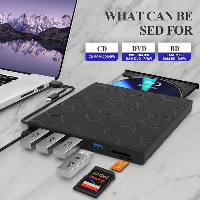 Alt view image 5 of 7 - External Blu ray Drive, USB 3.0 Type-C 3D Blu RAL Drive, External CD/DVD Drive, DVD/BD Player Read/Write Portable Blu-ray Drive for Laptop Windows PC Mac Mac-Book Desktop
