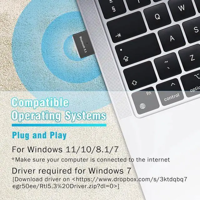 Alt view image 2 of 7 - USB Bluetooth 5.3 Adapter for PC Supports Windows 11/10/8.1/7, Plug &Play For Win11/10, Mini Bluetooth 5.3+ EDR Bluetooth Dongle Receiver &Transmitter for PC,Laptop,Keyboard,Mouse,Headsets,Speakers