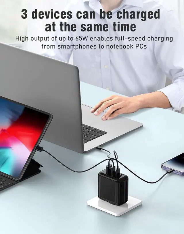 Alt view image 2 of 7 - [2 Pack] USB C Charger Block, 65W 3 Port QC+PD3.0 GaN Power Adapter Type C Fast Charging Wall Plug for Mac-Book Pro/Air, i-Pad Pro, i-Phone 15 Pro Max/14/13/12, A-ir-P-ods Pro, Galaxy S23/S22 (Black)