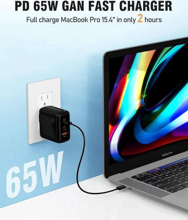 Alt view image 5 of 7 - [2 Pack] USB C Charger Block, 65W 3 Port QC+PD3.0 GaN Power Adapter Type C Fast Charging Wall Plug for Mac-Book Pro/Air, i-Pad Pro, i-Phone 15 Pro Max/14/13/12, A-ir-P-ods Pro, Galaxy S23/S22 (Black)