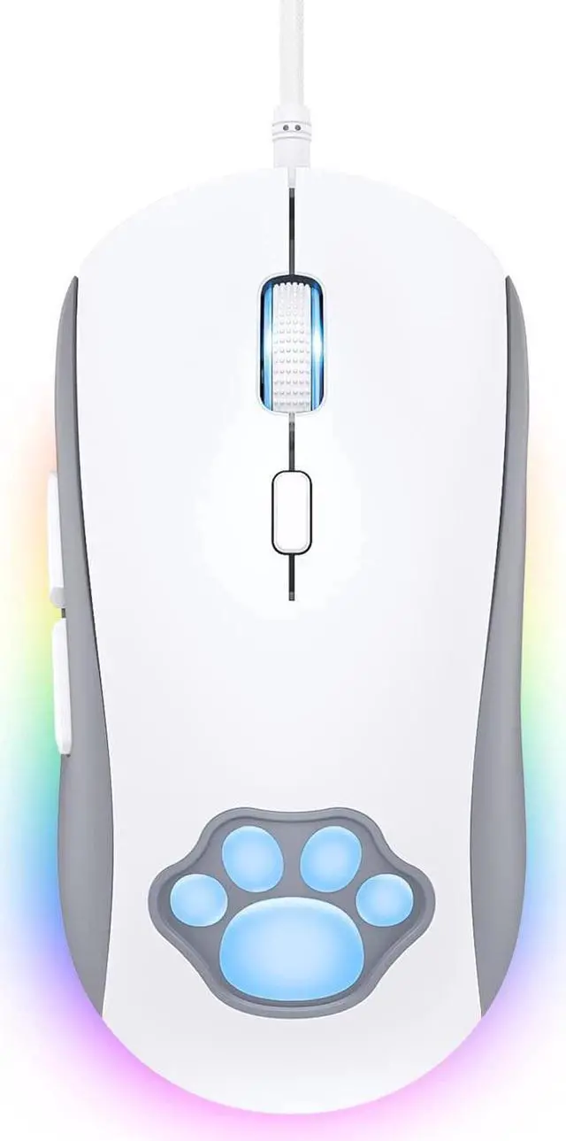 Main image of Cat Paw RGB Gaming Mouse, Silent Optical Computer Mice USB Wired Gaming Mouse with 6 Adjustable DPI Up to 7200, RGB Lighting, 6 Programmable Buttons for Windows/Vista/Linux (White)