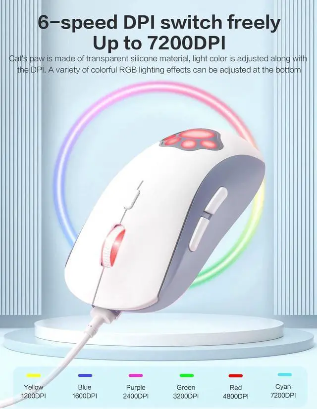 Alt view image 3 of 6 - Cat Paw RGB Gaming Mouse, Silent Optical Computer Mice USB Wired Gaming Mouse with 6 Adjustable DPI Up to 7200, RGB Lighting, 6 Programmable Buttons for Windows/Vista/Linux (White)