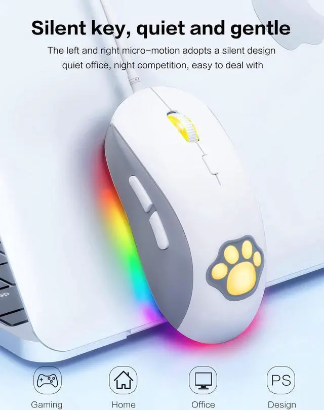 Alt view image 5 of 6 - Cat Paw RGB Gaming Mouse, Silent Optical Computer Mice USB Wired Gaming Mouse with 6 Adjustable DPI Up to 7200, RGB Lighting, 6 Programmable Buttons for Windows/Vista/Linux (White)