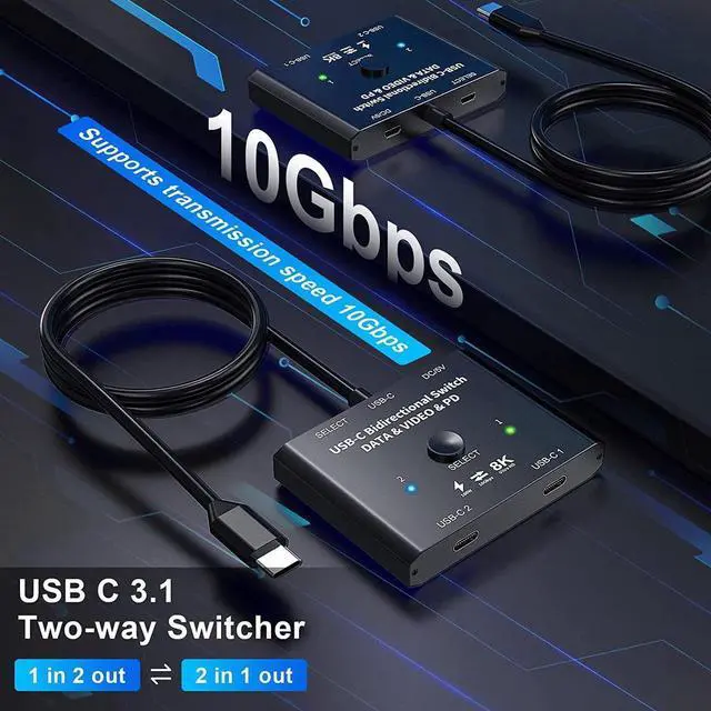 Alt view image 6 of 7 - USB C Switch 2 in 1 Out or 1 in 2 Out, Bi-Directional USB Type C KVM Switch Support 8K @60Hz 4K @120Hz Video/10Gbps Data Transfer/100W Charging,Compatible with Thunderbolt Device