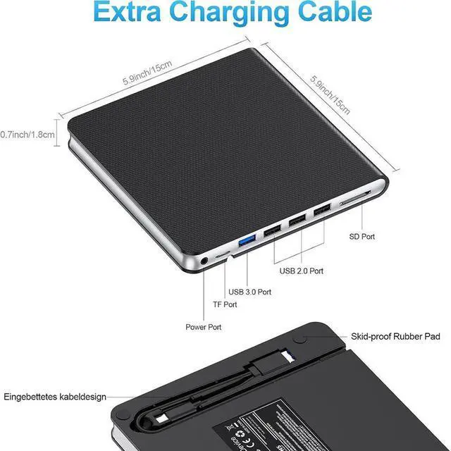 Alt view image 3 of 7 - External CD DVD Drive [7-in-1], USB 3.0 & Type-C DVD/CD +/-RW ROM Drive Reader, CD DVD Burner Rewriter with SD/TF & 4 USB Ports, Slim Optical Disc Drive DVD Player for Laptop PC/Winodws/Linux/MacOS