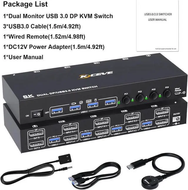 Main image of DisplayPort KVM Switch 4 PC 2 Monitors 8K@30Hz 4K@144Hz, Dual Monitor DP1.4 Displayport KVM Switch DP Monitor Switch with 4 USB 3.0 Ports for 4 PC/Laptops, with DP+USB Cable and Desktop Controller