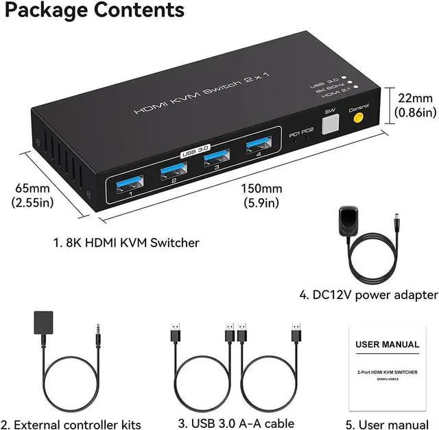 Main image of 2 Port HDMI KVM Switch 2 in 1 Out, USB 3.0 KVM Switcher for 2 Computers Share Keyboard Mouse Printer Support 8K @60HZ 4K @120HZ with 4 Port USB 3.0 Support Desktop Control Including 2 USB 3.0 Cable