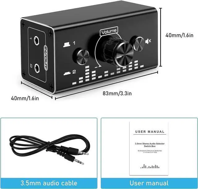 Main image of Bi-Directional 3.5mm Jack Audio Switch Selector 2 In 1 Out / 1 In 2 Out Noiseless Analogue Stereo Audio Switch with Volume Control, Sound Distribution Splitter Box for Speakers Headphones PC