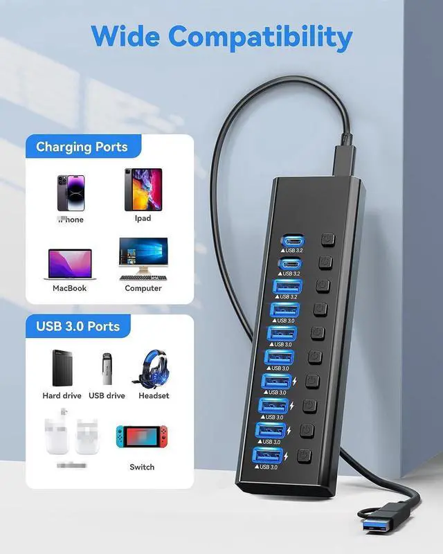 Main image of Powered USB Hub 3.2, 10-Port USB 3.2/USB C Hub (10Gbps USB-A 3.2 + 2x USB-C 3.2 + 7x USB 3.0 Ports) with Individual On/Off Switches and 12V Power Adapter, Aluminum USB Hub Powered for Laptop PC