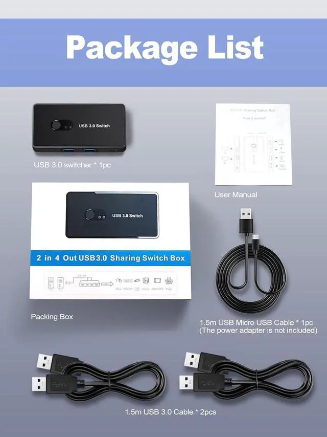 Main image of USB 3.0 Switch 2 in 4 Out, USB Switcher Selector 2 Computers Sharing 4 USB 3.0 Ports, KM Switcher Box with 2 Pack USB Cable for PC, Printer, Scanner, Mouse, Keyboard, Compatible with Mac/Windows/Linux