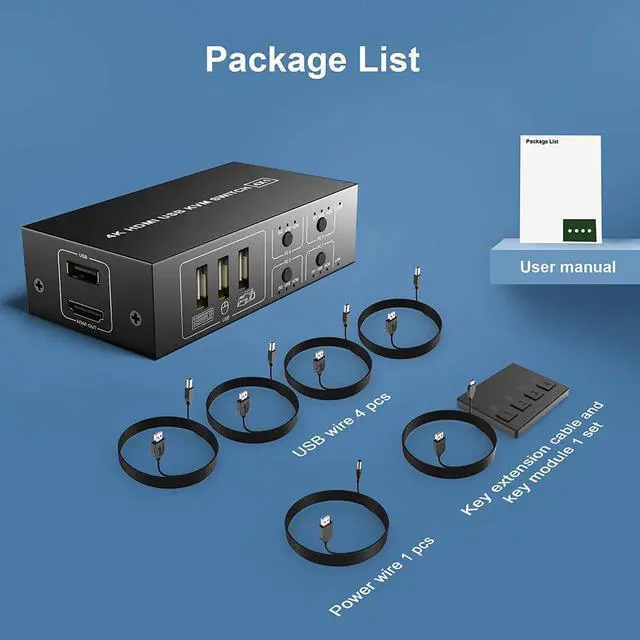 Main image of HDMI KVM Switch 4 Port, USB Switch Share 4 Computers with One Monitor One-Button Swapping, HD 4K @60Hz, 4 In 1 Out KVM Switcher for Mouse Keyboard Printer Scanner with 4 USB Cables 1 Power Cable