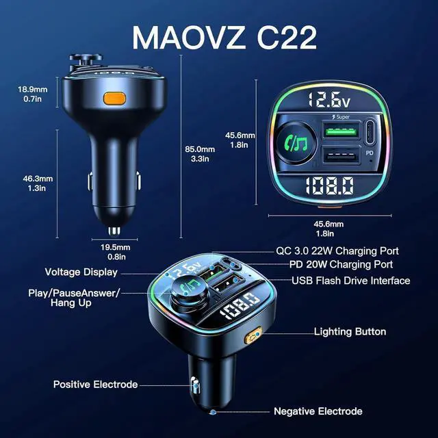 Alt view image 6 of 7 - Bluetooth 5.3 Car Adapter, Wireless Bluetooth FM Transmitter for Car, PD 20W & QC3.0 USB C Car Fast Charger Port, Radio Transmitter Bluetooth for Car, Hands Free Calling, 7 Colors Led Backlit Light