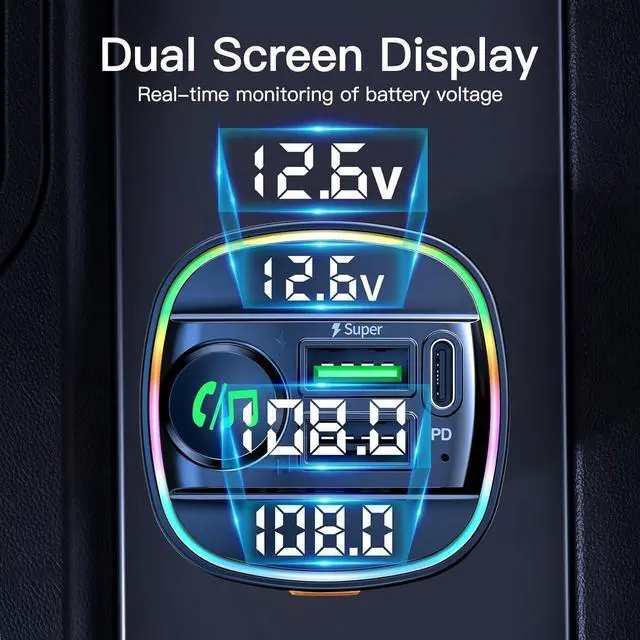 Alt view image 5 of 7 - Bluetooth 5.3 Car Adapter, Wireless Bluetooth FM Transmitter for Car, PD 20W & QC3.0 USB C Car Fast Charger Port, Radio Transmitter Bluetooth for Car, Hands Free Calling, 7 Colors Led Backlit Light