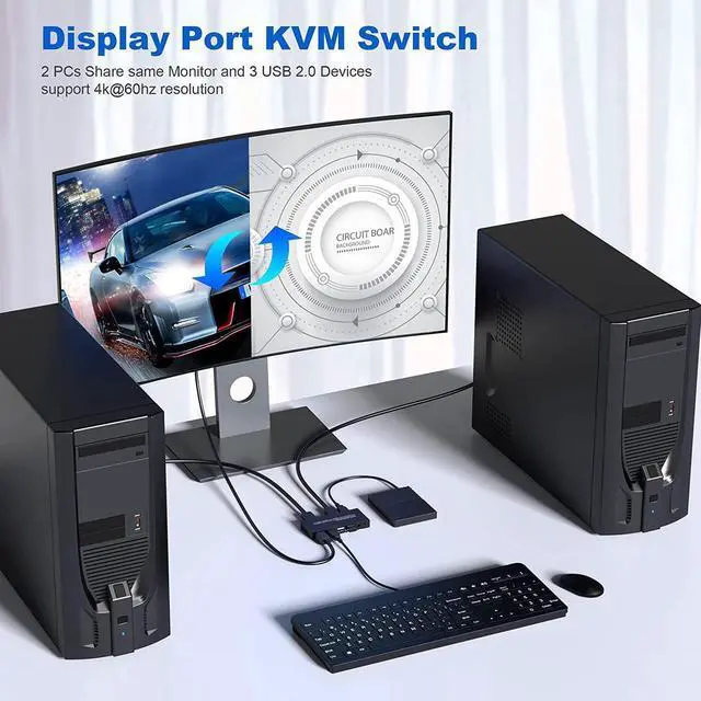 Alt view image 2 of 7 - KVM Switch DisplayPort - 2 Port Displayport KVM Switch, Two Computers One Monitor Switch to Share Mouse,Keyboard,Printer,USB and Ultra HD Monitor, Support 4K@60Hz, 2 DP Cable and 2 USB Cable Included