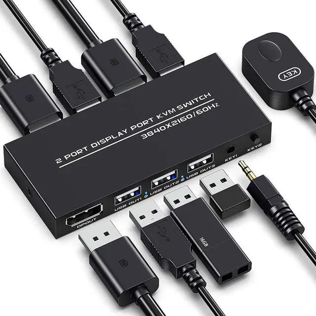 Main image of KVM Switch DisplayPort - 2 Port Displayport KVM Switch, Two Computers One Monitor Switch to Share Mouse,Keyboard,Printer,USB and Ultra HD Monitor, Support 4K@60Hz, 2 DP Cable and 2 USB Cable Included