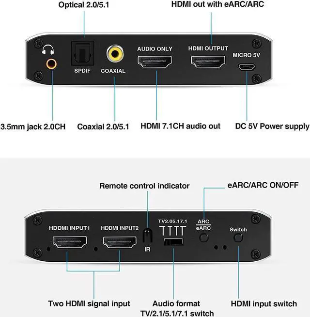 Alt view image 2 of 7 - 4K @60Hz eARC HDMI Swtich Audio Extractor, 2x1 HDMI Audio Converter with Remote Control, 7.1CH Atmos/ eARC/ARC/ Optical Toslink SPDIF/ Coaxial/ 3.5mm Audio Out, Supports HDCP2.3, HDMI2.0b