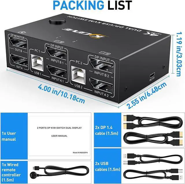 Alt view image 7 of 7 - 2 Port DP KVM Switch Dual Monitor DisplayPort 1.4 8K @30Hz 4K @144Hz 2 in 2 Out, DP1.4 KVM Switch and 4 USB HUBs for 2 Computers, Backward Compatible DP1.2 with DP+USB Cables and Wired Controller