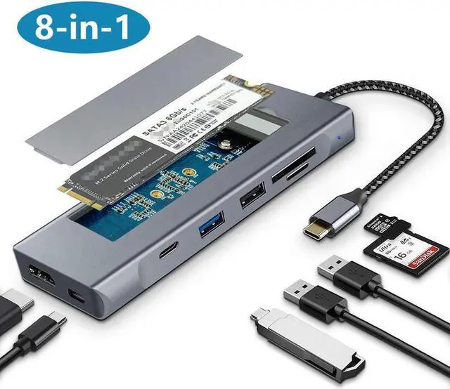 Main image of USB-C Hub with M.2 NVMe/SATA SSD Enclosure, 8 in 1 USB C Hub Adapter Fits PCIe 3.0 NVMe M.2 SSD, 2.5-inch SATA HDD with 4K HDMI, 10Gbps USB-C 3.1 & USB 3.1, USB 2.0, SD/Micro SD, 100W PD for Laptops