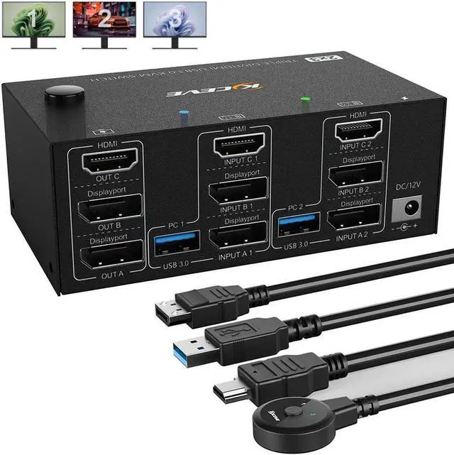 Main image of Triple Monitors KVM Switch 2 DisplayPort + HDMI 3 Ports 8K@60Hz 4K@144Hz Extended Display, KVM Switch 2 PC 3 Monitors, USB 3.0 KVM Switch with 4 USB 3.0 Ports for Keyboard Mouse, Printer USB Devices
