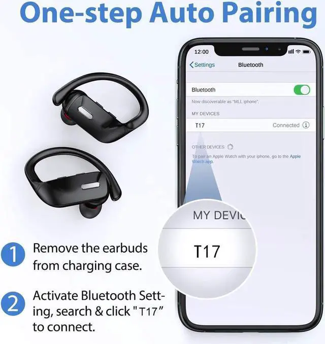 Alt view image 6 of 6 - Ture Wireless Earbuds, TWS Bluetooth Headphones 48H Play Back Earphones TWS Deep Bass in Ear Waterproof with Microphone LED Display for Sports Black