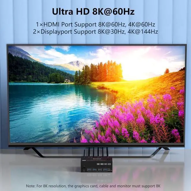 Alt view image 4 of 7 - Triple Monitors KVM Switch 2 DisplayPort + HDMI 3 Ports 8K@60Hz 4K@144Hz Extended Display, KVM Switch 2 PC 3 Monitors, USB 3.0 KVM Switch with 4 USB 3.0 Ports for Keyboard Mouse, Printer USB Devices