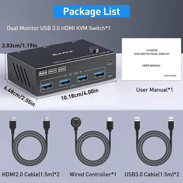 Main image of 2 Ports Dual Monitor HDMI KVM Switch 2 in 2 Out, 4K @60Hz KVM Switch HDMI Extended Display 2 Computers 2 Monitors and 4 USB 3.0 Ports with Simulation EDID, Wired Controller, HD-MI 2.0+USB 3.0 Cables