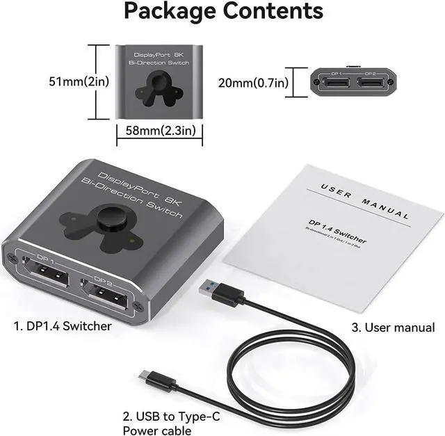 Alt view image 7 of 7 - DP1.4 DisplayPort Switch, 8K Bi-Directional DisplayPort Splitter 2 in 1 Out/1 in 2 Out Display Port Switcher Supports 8K @60Hz 4K @120Hz for PC Laptop Monitor Projector TV