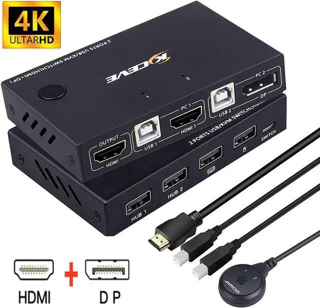 Main image of 2 Port HDMI +DisplayPort KVM Switch for 2 Computers, DP HDMI USB KVM Switch for 2 Computers Share One Set Keyboard Mouse Printer and One Monitor, DP Support for 1920*1200 @30Hz HDMI Support 4K @30Hz