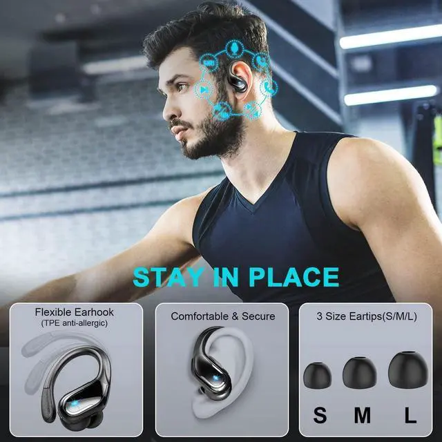 Alt view image 4 of 7 - True Wireless Earbuds, 90H Bluetooth 5.3 Headphones Wireless Running with ENC Noise Cancelling Mic, IP7 Waterproof Bluetooth Earphones 3D Deep Bass Over Ear, Sports Ear buds Earhooks for iOS/Android