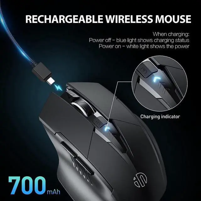 Alt view image 3 of 7 - 2.4G RF Wireless Mouse Rechargeable, [Battery Level Visible], Silent Click Mouse USB 2.4G Cordless Wireless Mice for Laptop PC Computer Tablets, 6 Buttons, 1600DPI 3 Adjustment Levels, Black