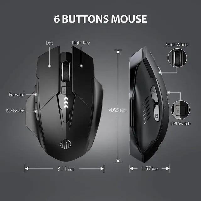 Alt view image 6 of 7 - 2.4G RF Wireless Mouse Rechargeable, [Battery Level Visible], Silent Click Mouse USB 2.4G Cordless Wireless Mice for Laptop PC Computer Tablets, 6 Buttons, 1600DPI 3 Adjustment Levels, Black
