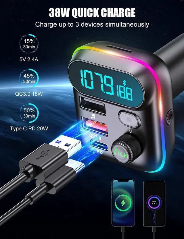 Alt view image 5 of 7 - Bluetooth Adapter for Car - Wireless Bluetooth FM Radio Transmitter - Bluetooth AUX Adapter | Wireless Bluetooth 5.0 MP3 Music Player - QC3.0 + PD 20W USB Car Charger | 7 Colors LED Backlit