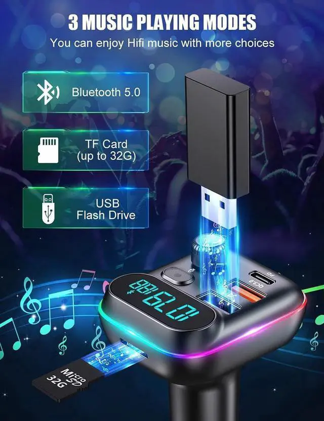 Alt view image 4 of 7 - Bluetooth Adapter for Car - Wireless Bluetooth FM Radio Transmitter - Bluetooth AUX Adapter | Wireless Bluetooth 5.0 MP3 Music Player - QC3.0 + PD 20W USB Car Charger | 7 Colors LED Backlit