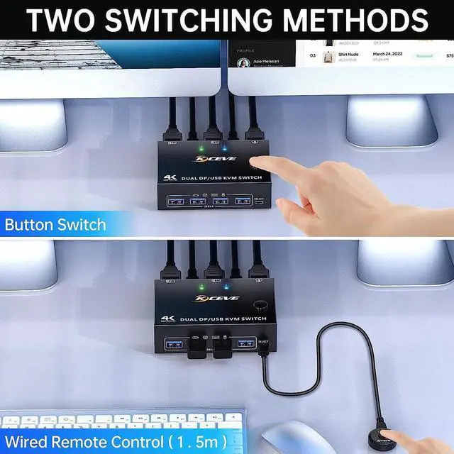 Alt view image 5 of 7 - Dual Monitor DisplayPort 1.4 KVM Switch 8K@30Hz 4K@144Hz 2 in 2 Out, DP1.4 KVM Switch and 4 USB 3.0 Port for 2 Computers,Backnward Compatible DP1.2 with DP+USB Cables and Wired Controller