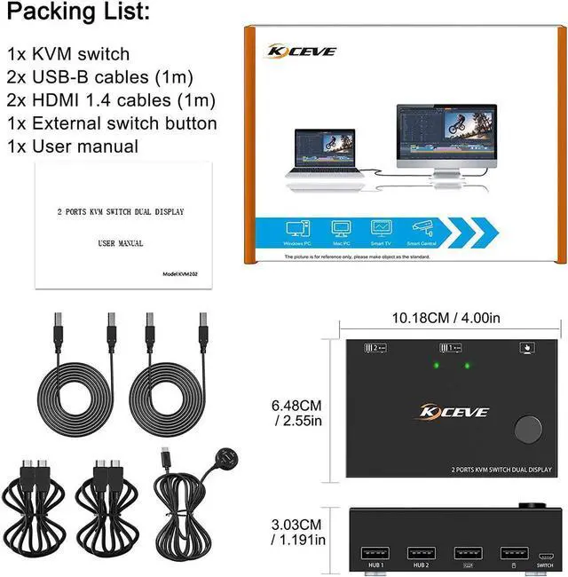 Alt view image 3 of 7 - Dual Monitor KVM Switch HDMI 2 Port for 2 Monitors 2 Computers, 4K@30Hz Dual Monitor HDMI KVM Switch USB 2.0 Switcher 2 in 2 Out PC Keyboard Mouse Switcher Support Extended And Copy Display