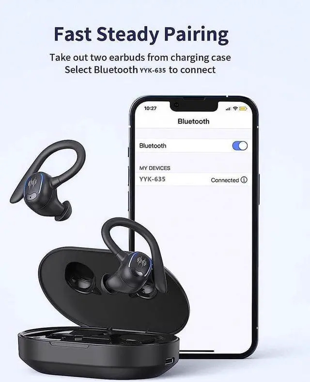 Alt view image 6 of 7 - True Wireless Earbuds, Bluetooth Headphones 50Hrs Playback Ear Buds IPX7 Waterproof Sports Earphones Dual Power Display with Earhooks Built in Mic Clear Calls Over Ear Earbuds for Running Workout Gym
