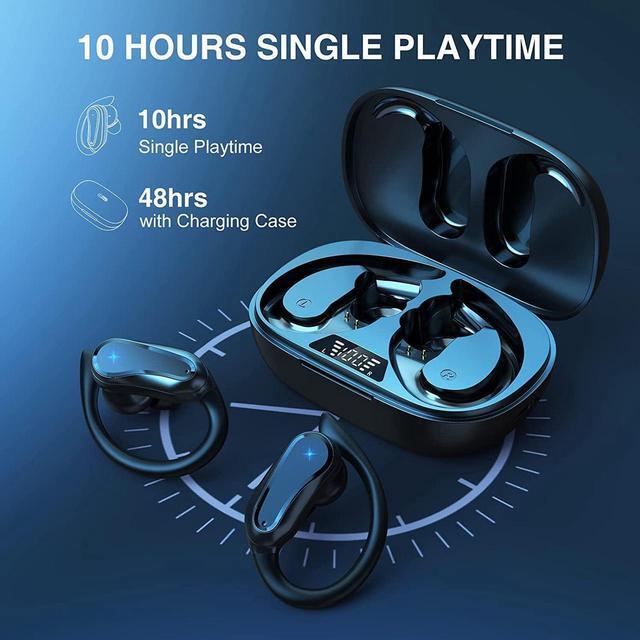 Alt view image 2 of 7 - Ture Wireless Earbuds with Earhooks, Bluetooth 5.1 10Hrs Single Playtime IPX7 Waterproof Running Headphones, Bluetooth Earbuds with Ear Hook LED Display Over-Ear HiFi Stereo for Workout/Gym/Outdoor