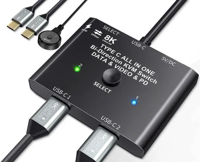 Main image of USB C Switch, Bi-Directional USB C Switcher 2 Computers, USB Type C KVM Switch 8K@60Hz 4K@120Hz Video/10Gbps Data Transfer/100W Charging,Compatible with Thunderbolt Device, 2 USB-C Cables Included
