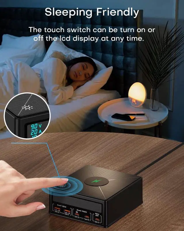 Alt view image 6 of 7 - USB Charging Station, 160W 5-Port USB C Charging Station with 65W PD USB-C Port, QC3.0 Port,Wireless Charger, LCD Display Multi Port Fast USB Charging Hub for Laptop,i-Pad, Smartphones, Tablet..