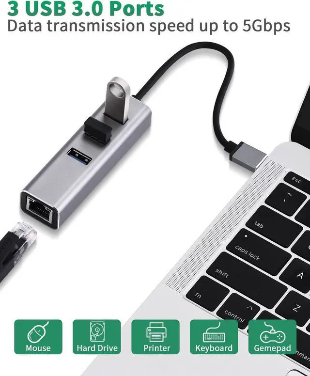 Alt view image 3 of 7 - USB 3.0 to RJ45 Ethernet Adapter 4 in 1 Multiport USB Hub with Gigabit Ethernet 1000Mbps RJ45 LAN Network Adapter Compatible and 3-Port USB3.0 Support Laptop PC Windows Linux MacOS, and More