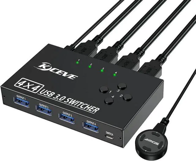 Main image of USB 3.0 Switch Selector 4 Port, 4 in 4 Out USB KVM Switcher 4 Computers Sharing 4 USB Devices, USB Peripheral Switcher for Keyboard Mouse Printer Scanner,with Wired Remote Button and 4 USB 3.0 Cable